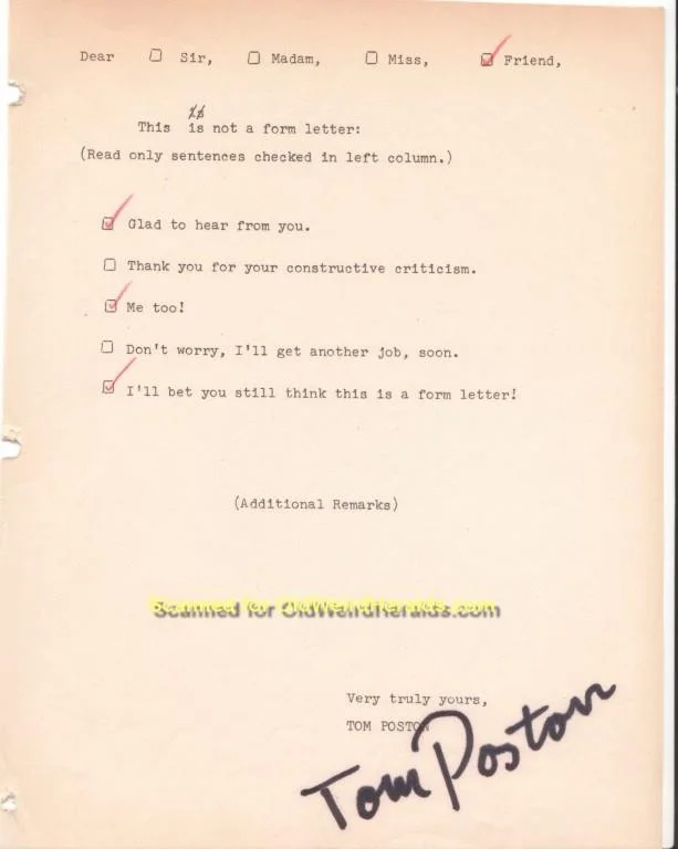 Tom Poston — TOM POSTON SIGNED LOT Photo + FUNNY FORM Vintg 1950s TV STEVE ALLEN SHOW Newhart, изображение 4