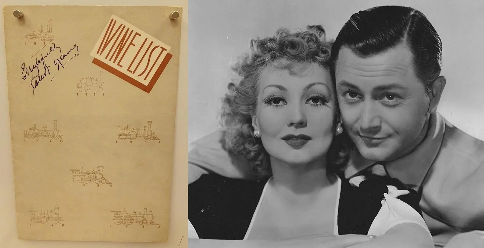 Robert Young — ROBERT YOUNG SIGNED MENU 1939, 20th Century Ltd TRAIN Wine Beverage RR,NY MAISIE