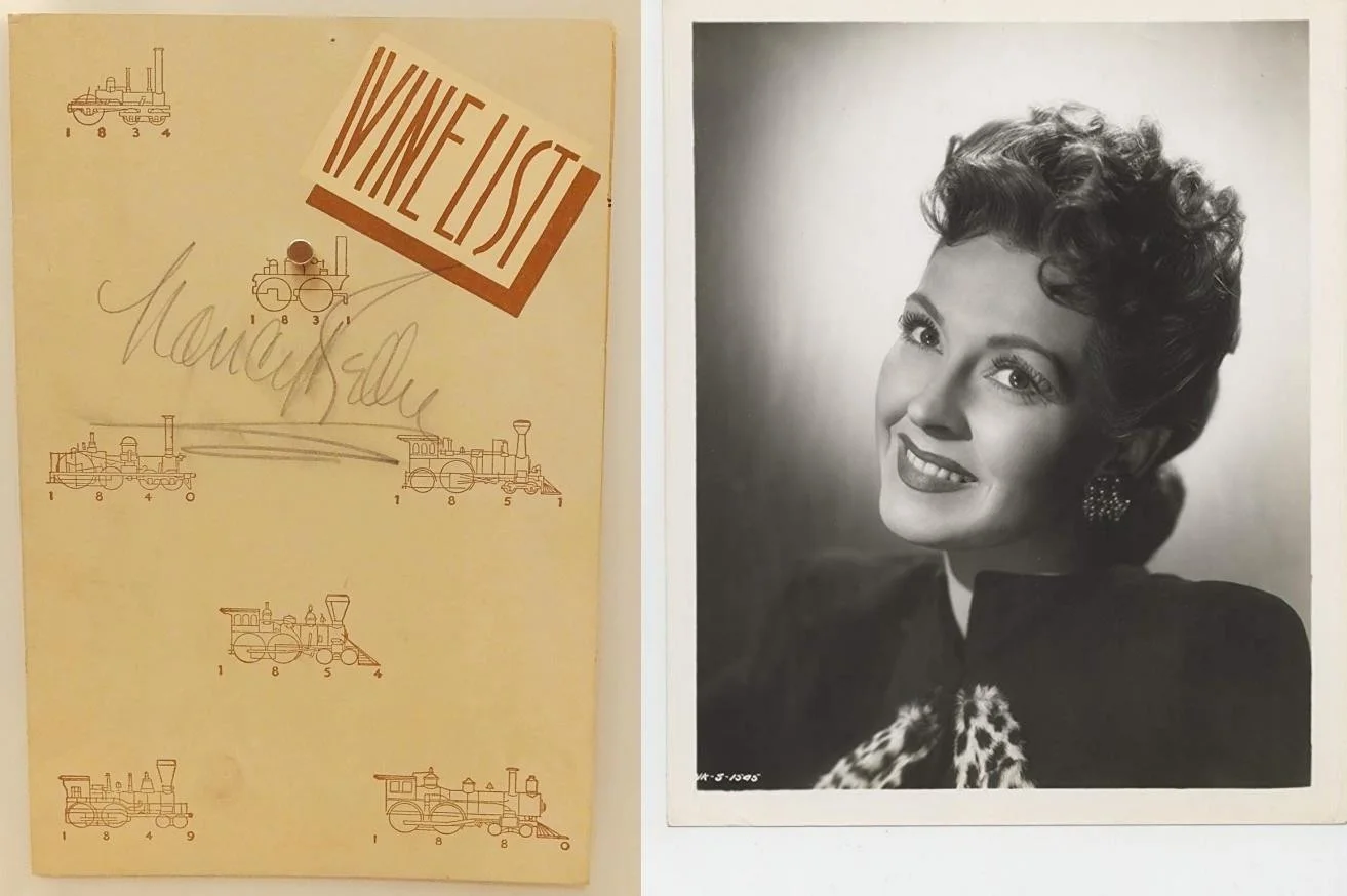 Nancy Kelly — NANCY KELLY Actress SIGNED MENU 1939, 20th CENTURY Ltd TRAIN Wine Beverage RR NY