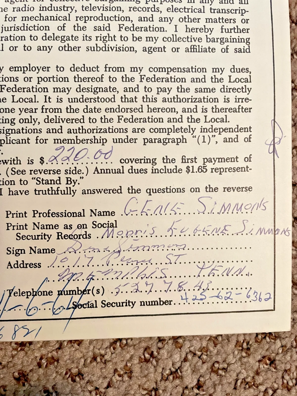 GENE SIMMONS of KISS- Signed AFTRA Contract 11/6/1964, изображение 2