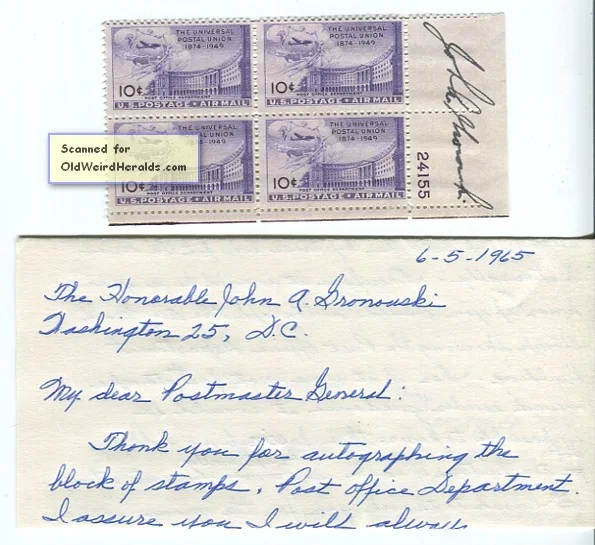 JOHN A. GRONOUSKI US Postmaster General — JOHN A GRONOUSKI US POSTMASTER GENERAL SIGNED STAMPS 1965 Stamp Vintg WISCONSIN, image 3