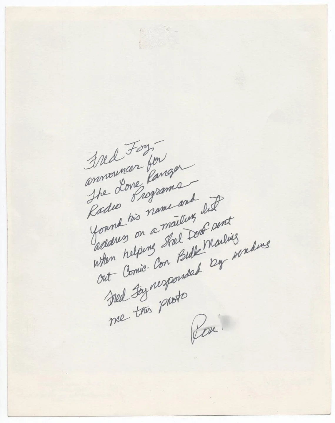 Fred Foy — FRED FOY SIGNED PHOTO Hi-Yo LONE RANGER RADIO ANNOUNCER Vintg ISP To RON Western, изображение 2