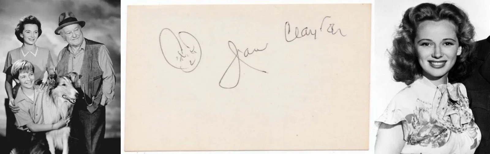 JAN CLAYTON — JAN CLAYTON SIGNED CARD Actor (D.'83) 50s LASSIE TV Tommy Rettig JEFFS COLLIE #2