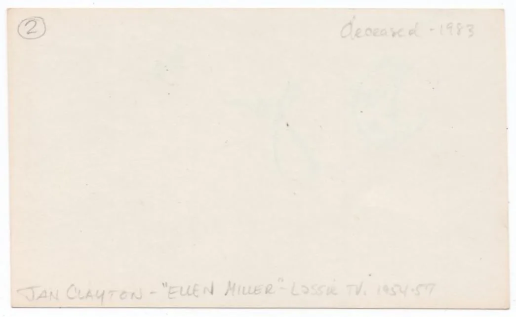 JAN CLAYTON — JAN CLAYTON SIGNED CARD Actor (D.'83) 50s LASSIE TV Tommy Rettig JEFFS COLLIE #2, image 3