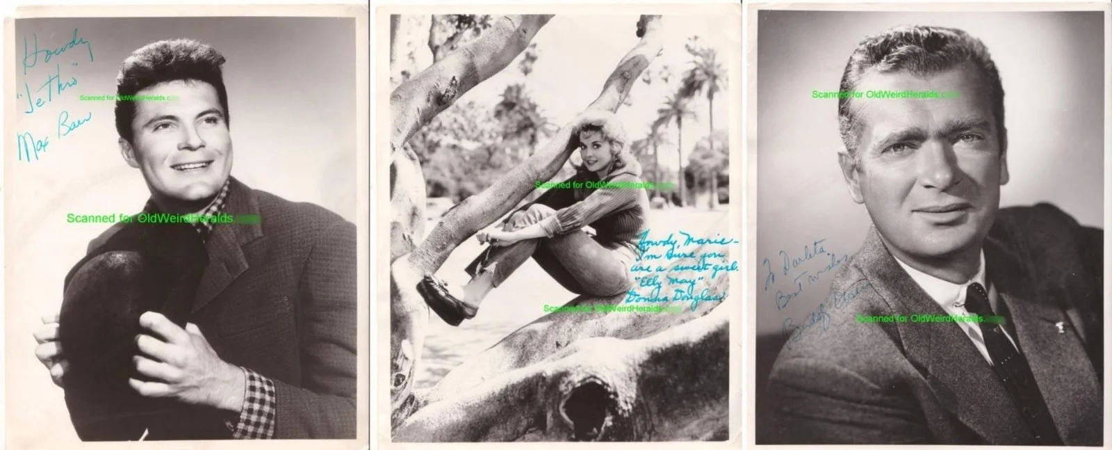 Donna Douglas, Max Baer, Buddy Ebsen — BEVERLY HILLBILLIES SIGNED PHOTO LOT(3) 1960s DONNA DOUGLAS Max Baer BUDDY EBSEN
