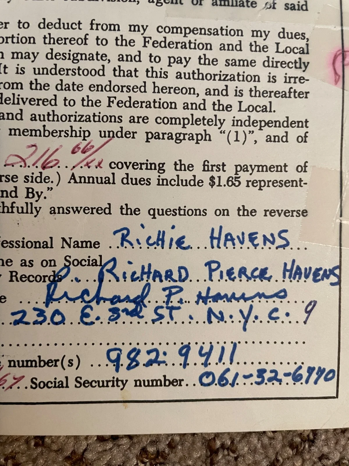 Richie Havens - Signed AFTRA Contract 6/12/1967, image 2