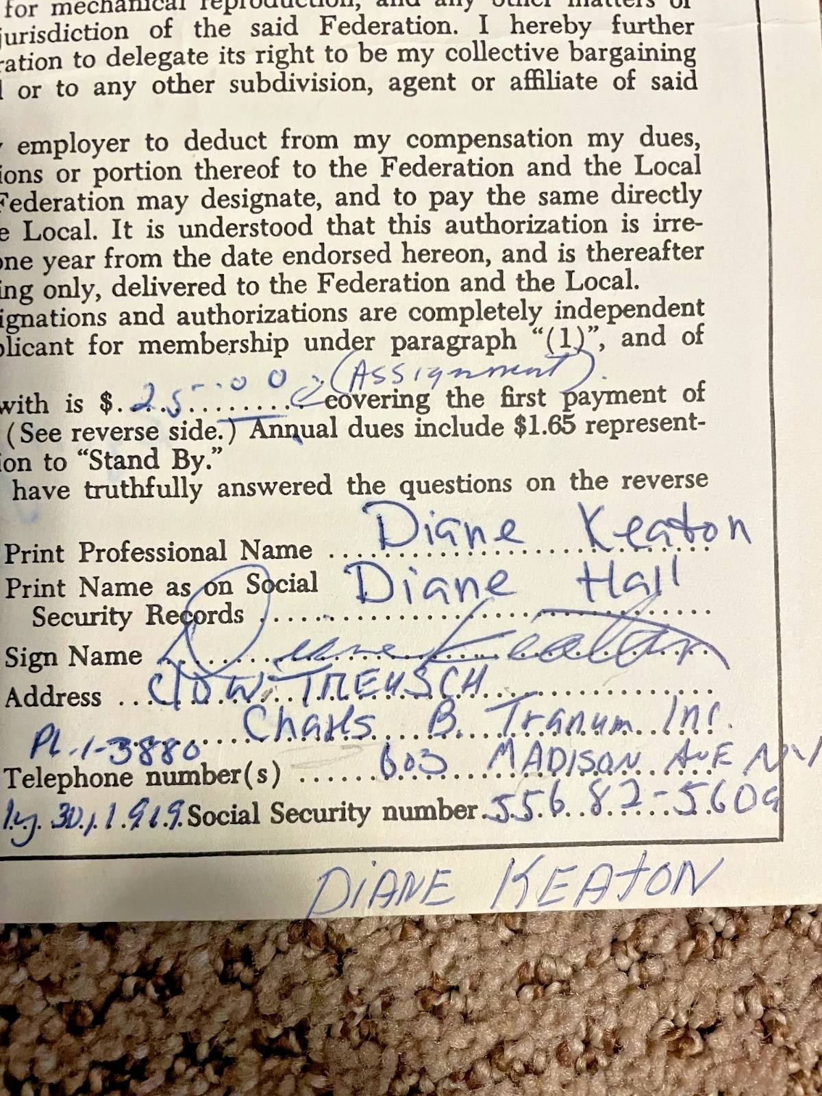 Diane Keaton - Signed AFTRA Contract 7/30/1969, image 2