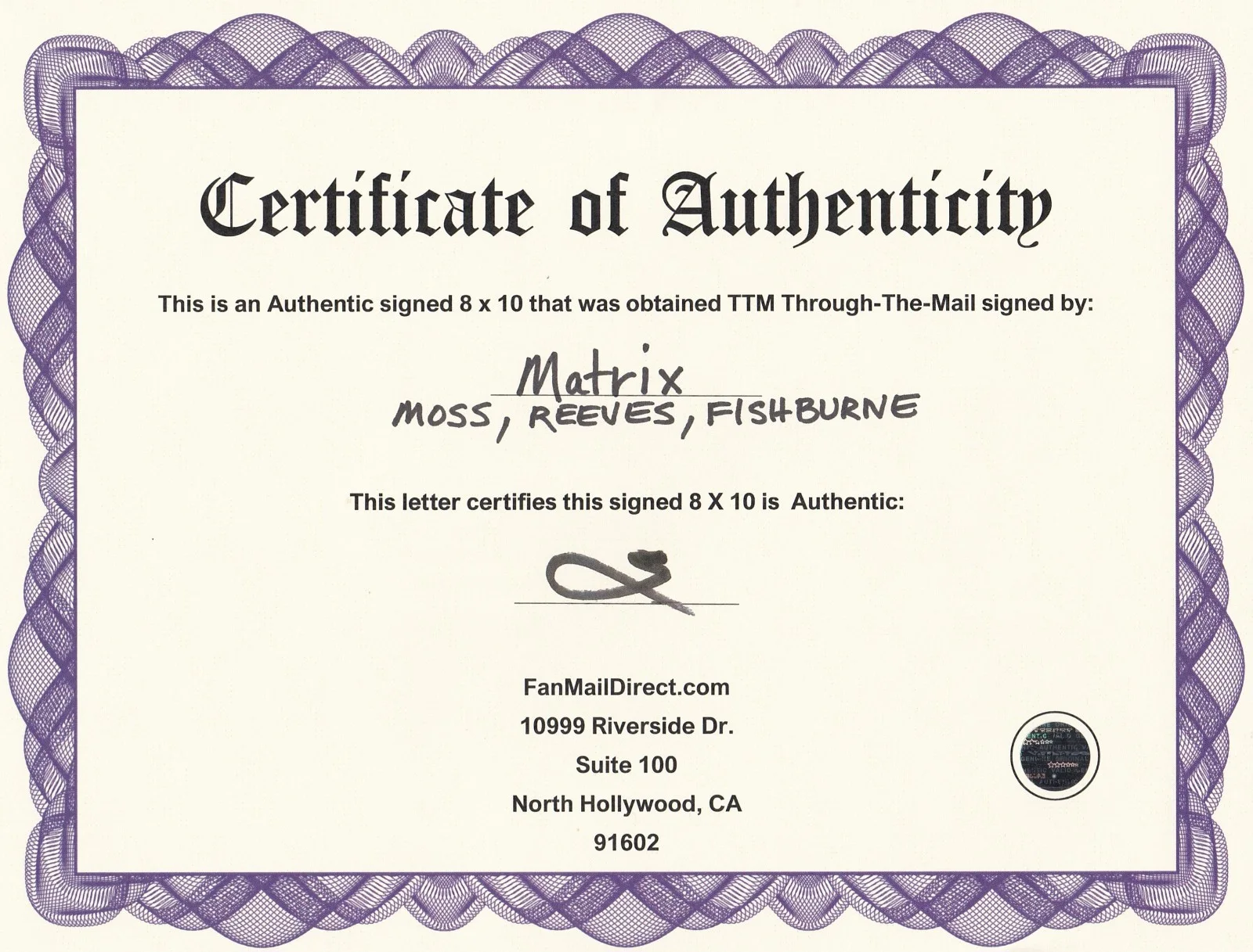 Autographed The Matrix 8x10 Reeves, Moss, Fisburne COA MAKE OFFER, изображение 3