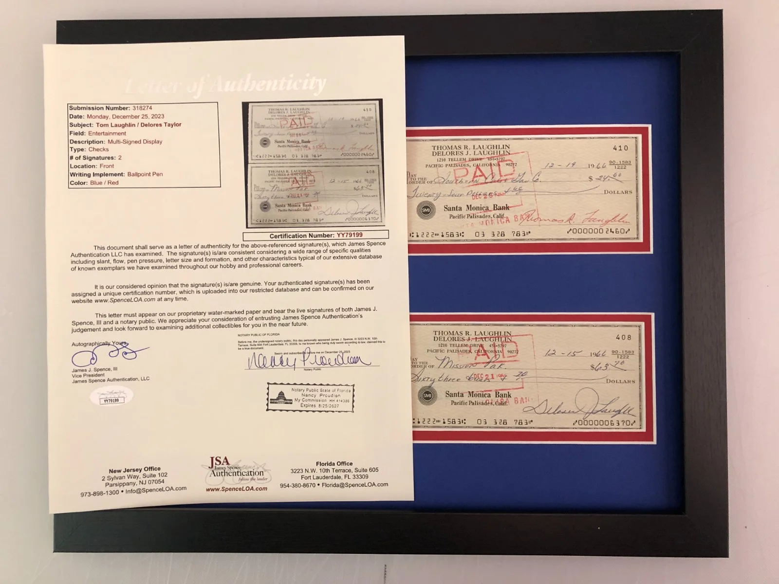 TOM LAUGHLIN, DELORES TAYLOR — TOM LAUGHLIN & DELORES TAYLOR SIGNED PHOTO DISPLAY "BILLY JACK" JSA LOA COA, image 2