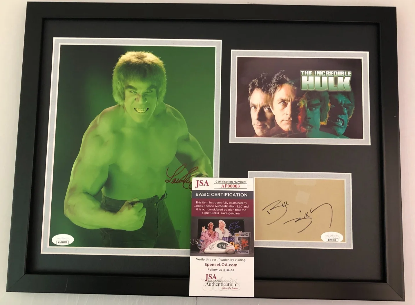 BILL BIXBY & LOU FERRIGNO — BILL BIXBY & LOU FERRIGNO SIGNED PHOTO DISPLAY "THE INCREDIBLE HULK" JSA COA