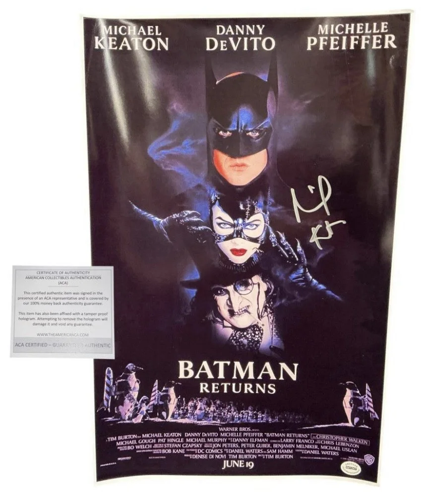 Michael Keaton Signed Batman Returns 11x17 Poster with American Collectibles COA, изображение 2