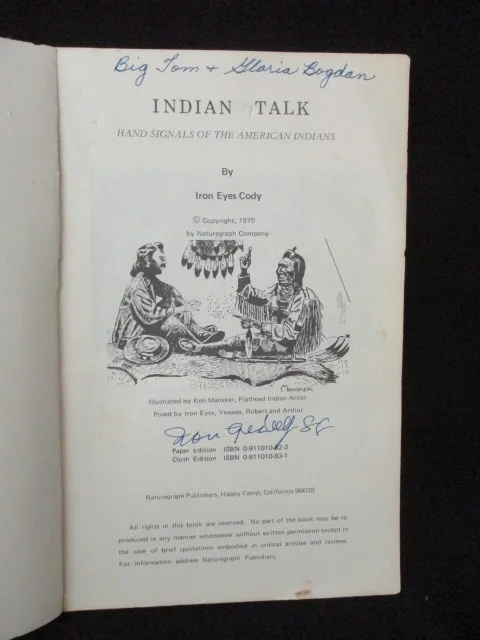 IRON EYES CODY — IRON EYES CODY SC BOOK “INDIAN TALK” SIGNED& INSCRIBED ON TITLE PAGE, image 2