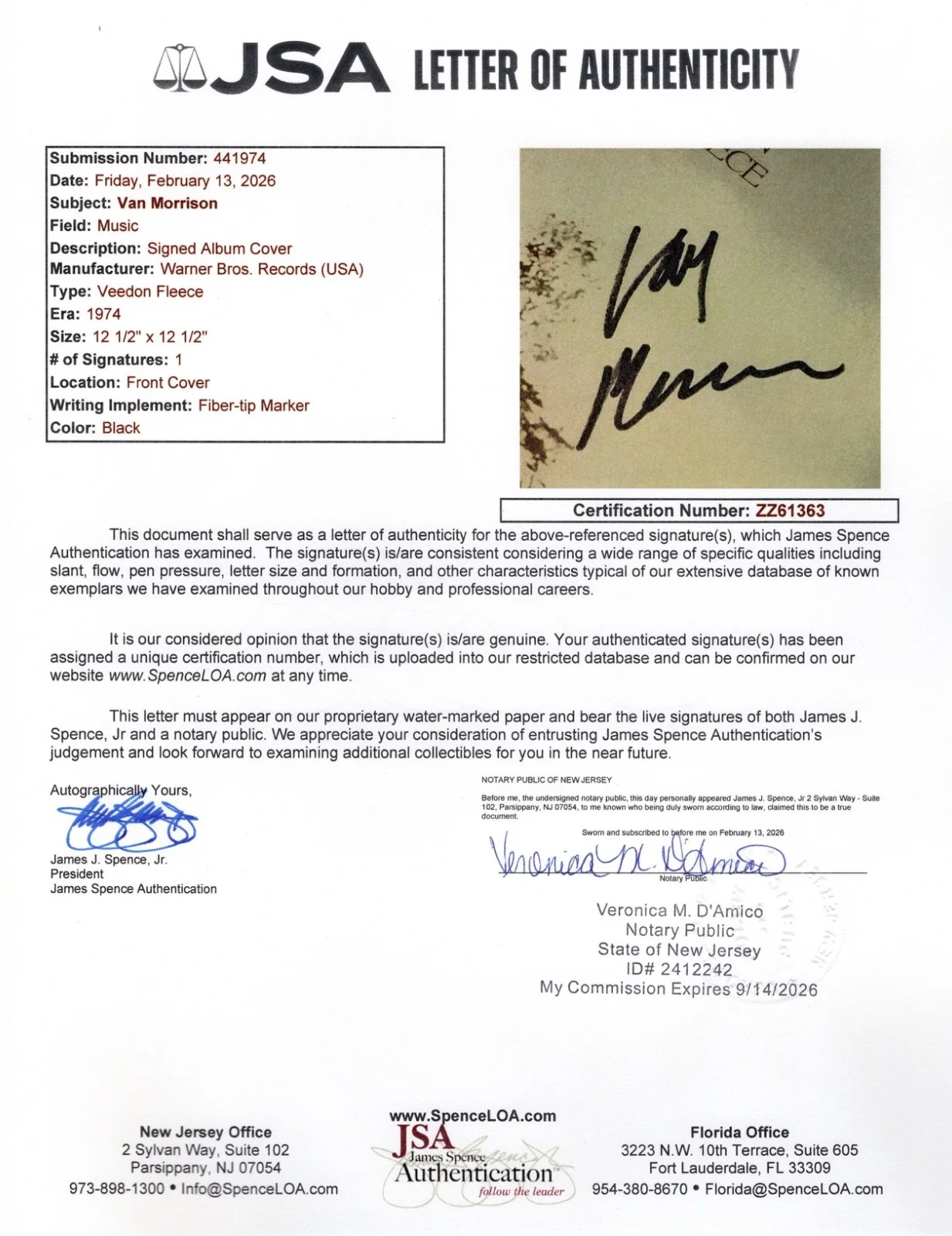 VAN MORRISON SIGNED VEEDON FLEECE VINYL RECORD JSA LOA ZZ61363, изображение 4