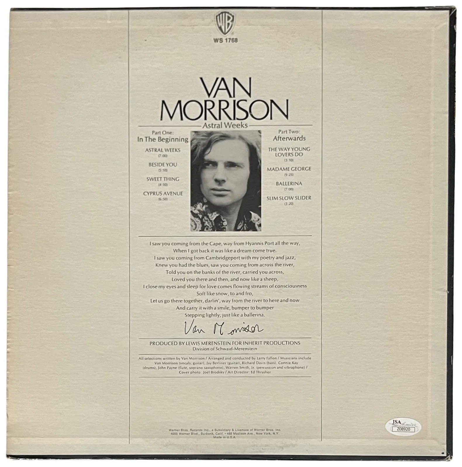 VAN MORRISON SIGNED ASTRAL WEEKS VINYL RECORD JSA LOA Z08920, image 2