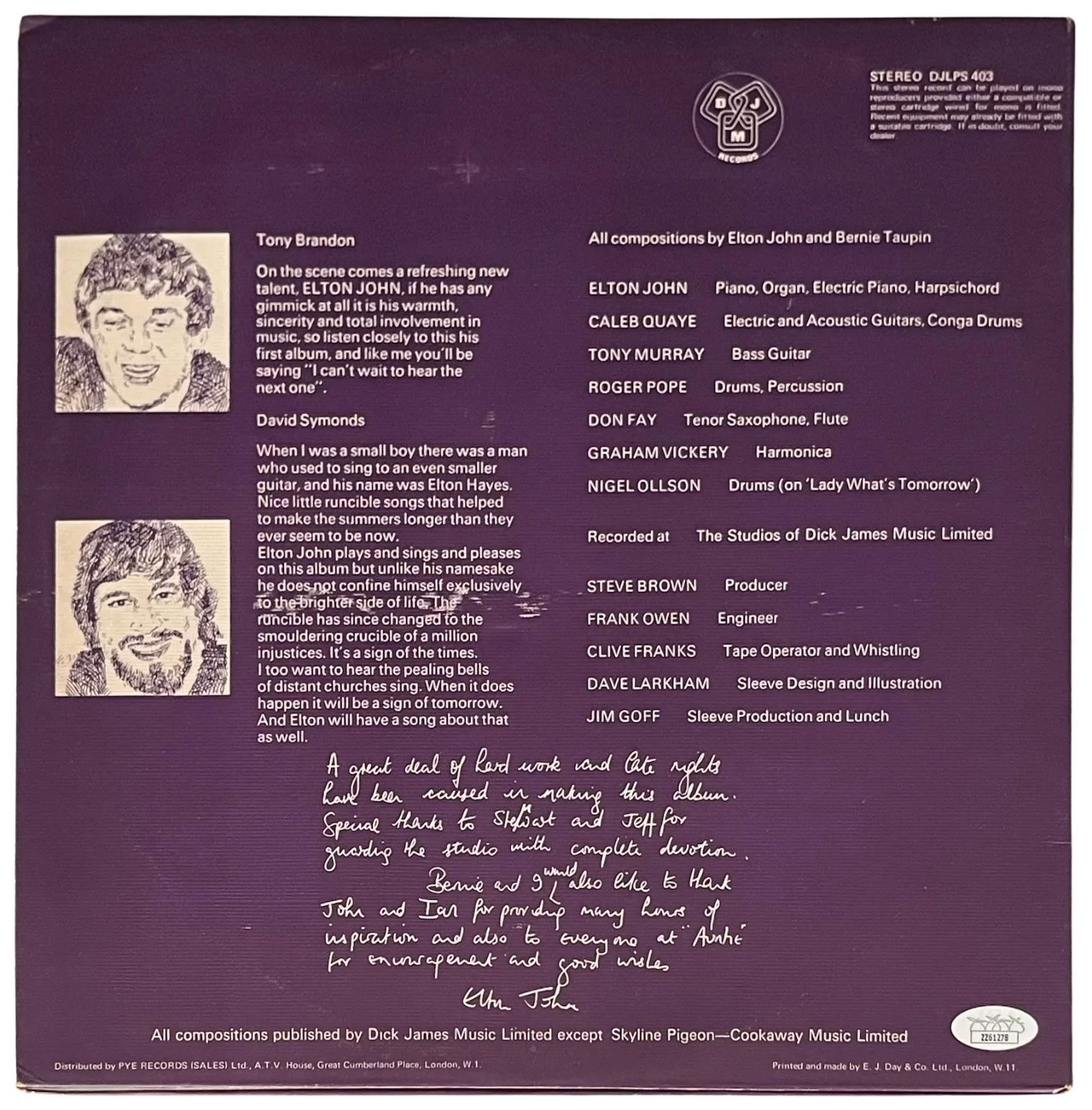 ELTON JOHN SIGNED EMPTY SKY VINYL RECORD W/"WITH LOVE" INSCRIPTION JSA LOA, изображение 2