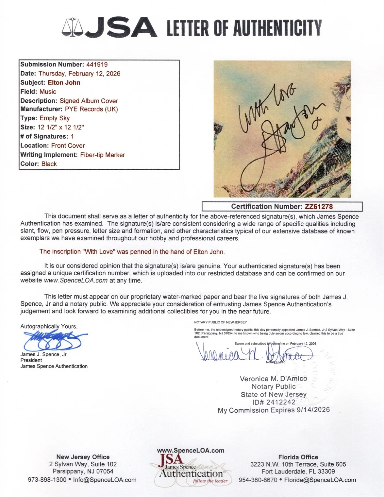 ELTON JOHN SIGNED EMPTY SKY VINYL RECORD W/"WITH LOVE" INSCRIPTION JSA LOA, изображение 4