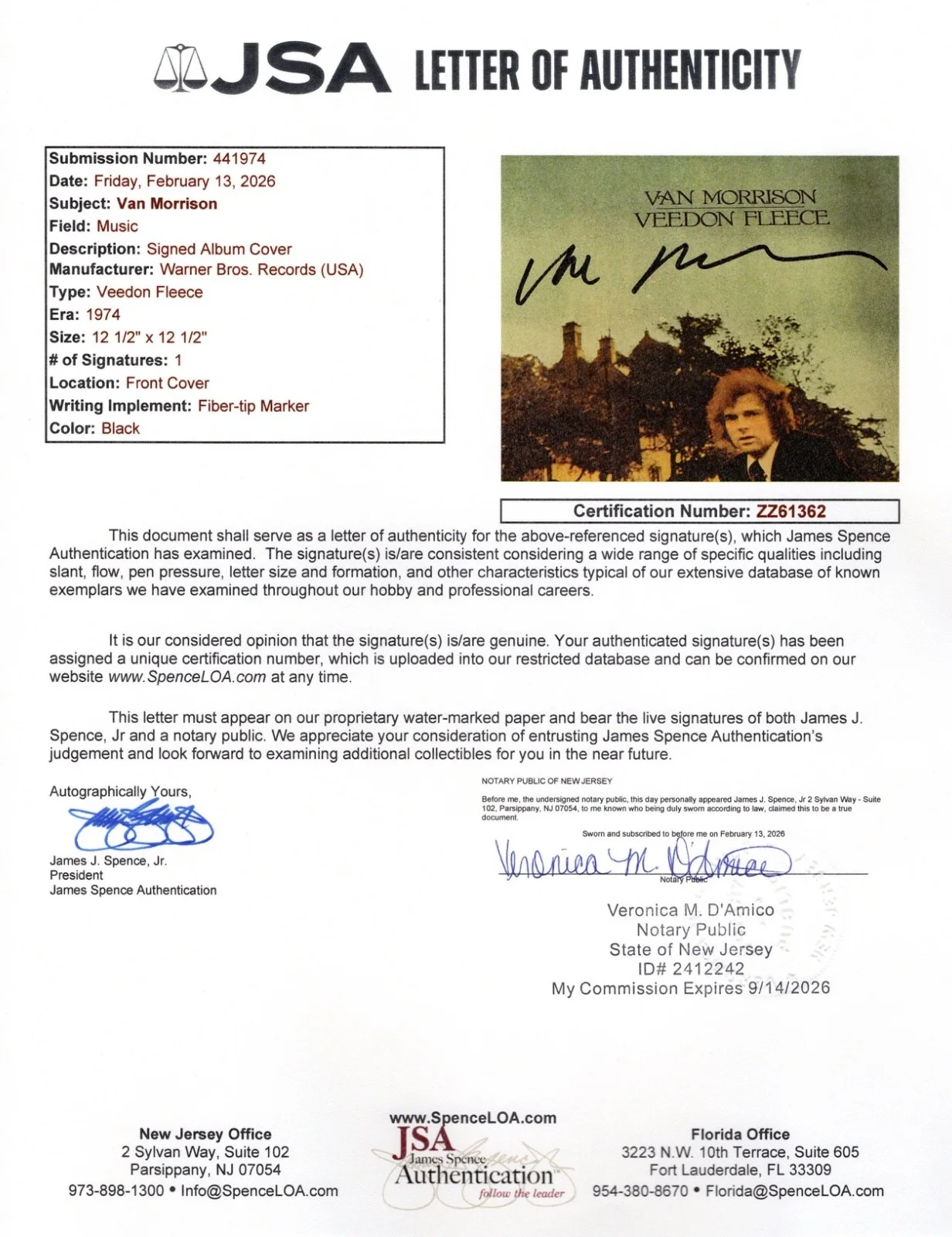 VAN MORRISON SIGNED VEEDON FLEECE VINYL RECORD JSA LOA ZZ61362, изображение 4