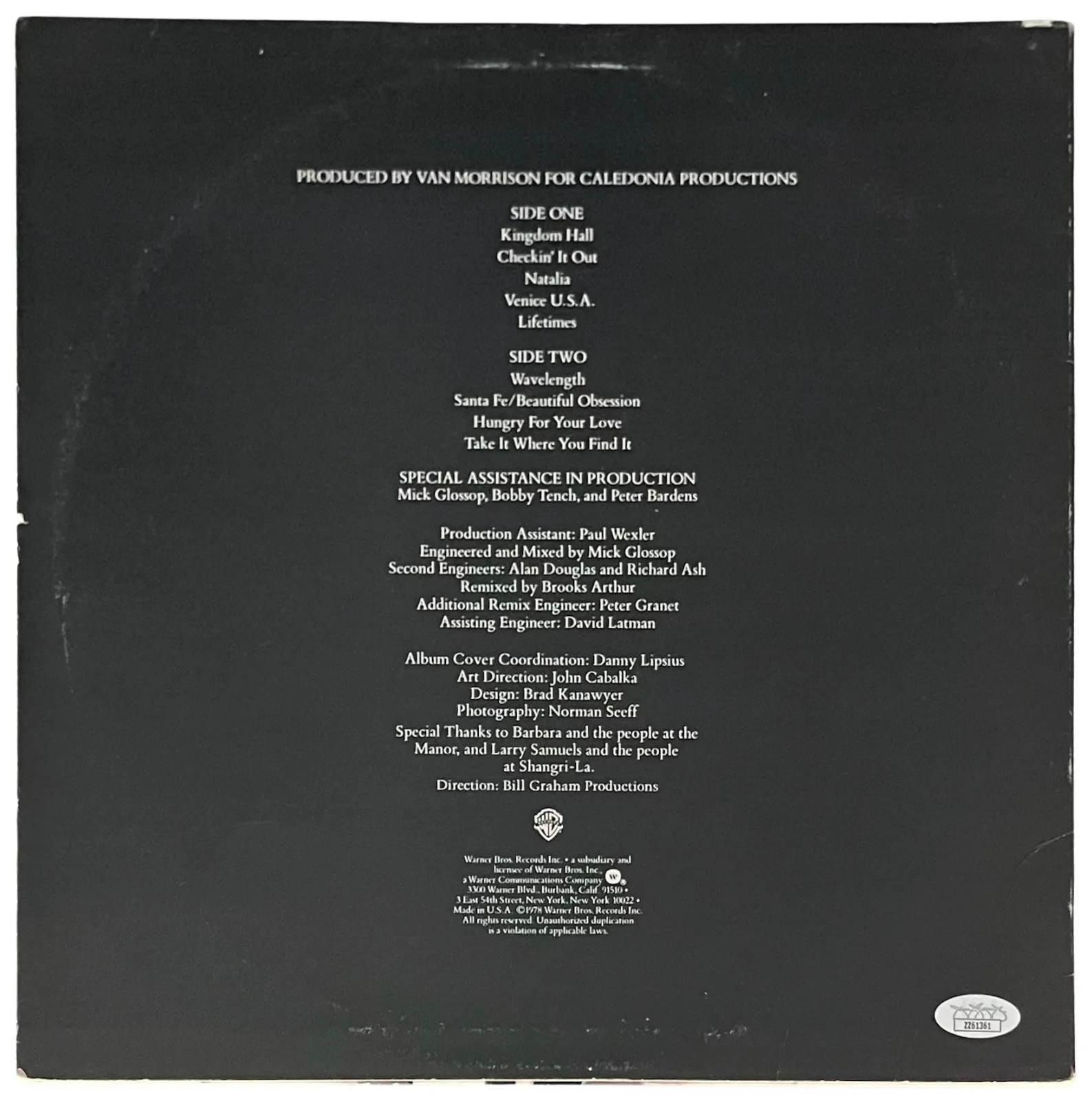 VAN MORRISON SIGNED WAVELENGTH VINYL RECORD COVER JSA LOA ZZ61361, image 2
