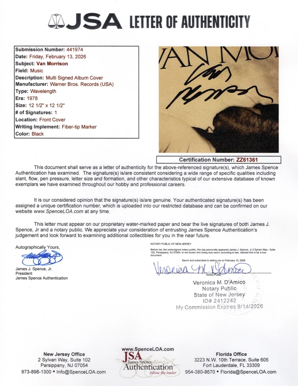 VAN MORRISON SIGNED WAVELENGTH VINYL RECORD COVER JSA LOA ZZ61361, image 4