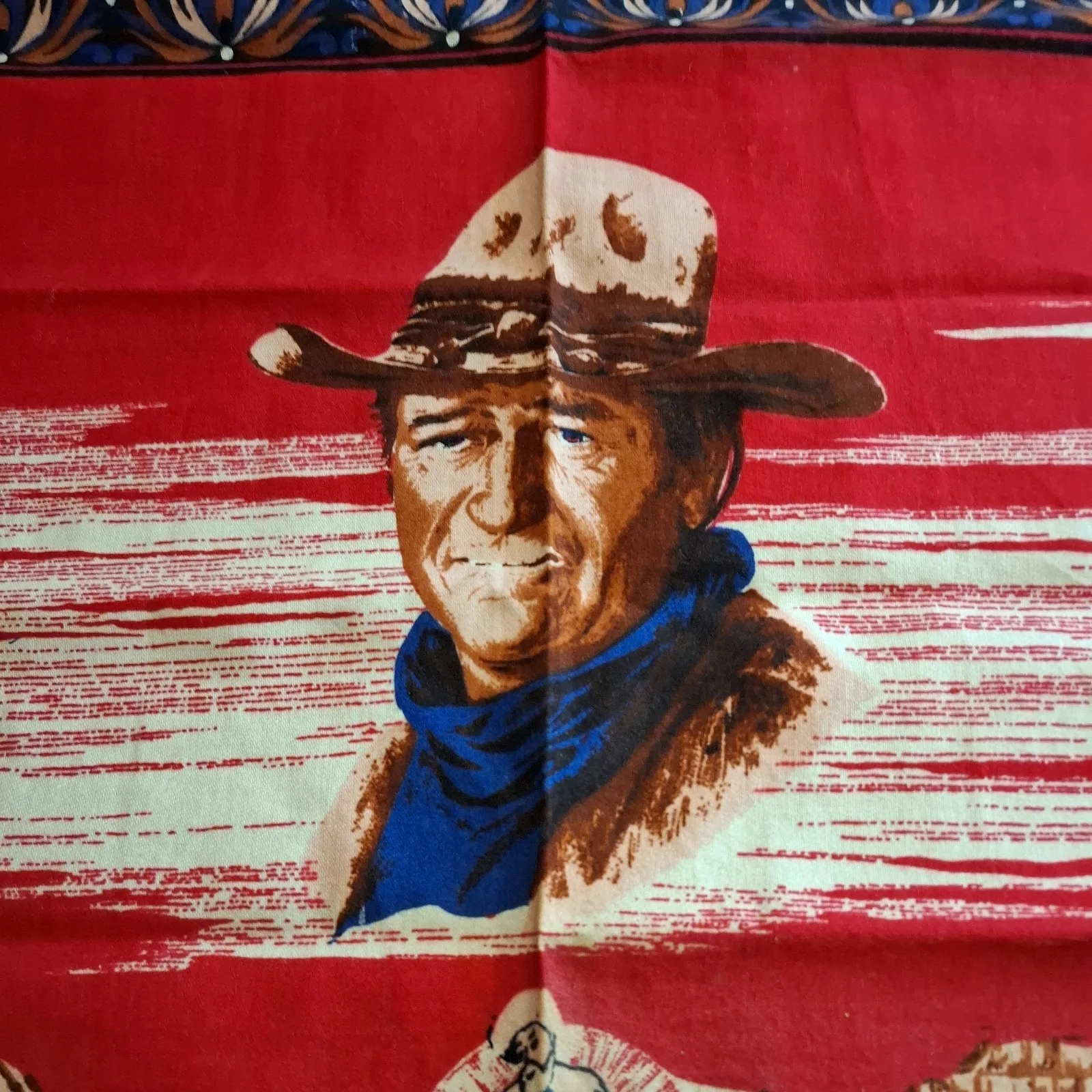 Vintage 70's ' John Wayne Western Cowboy Tapestry ' Cotton Wall Hanging RARE, image 2