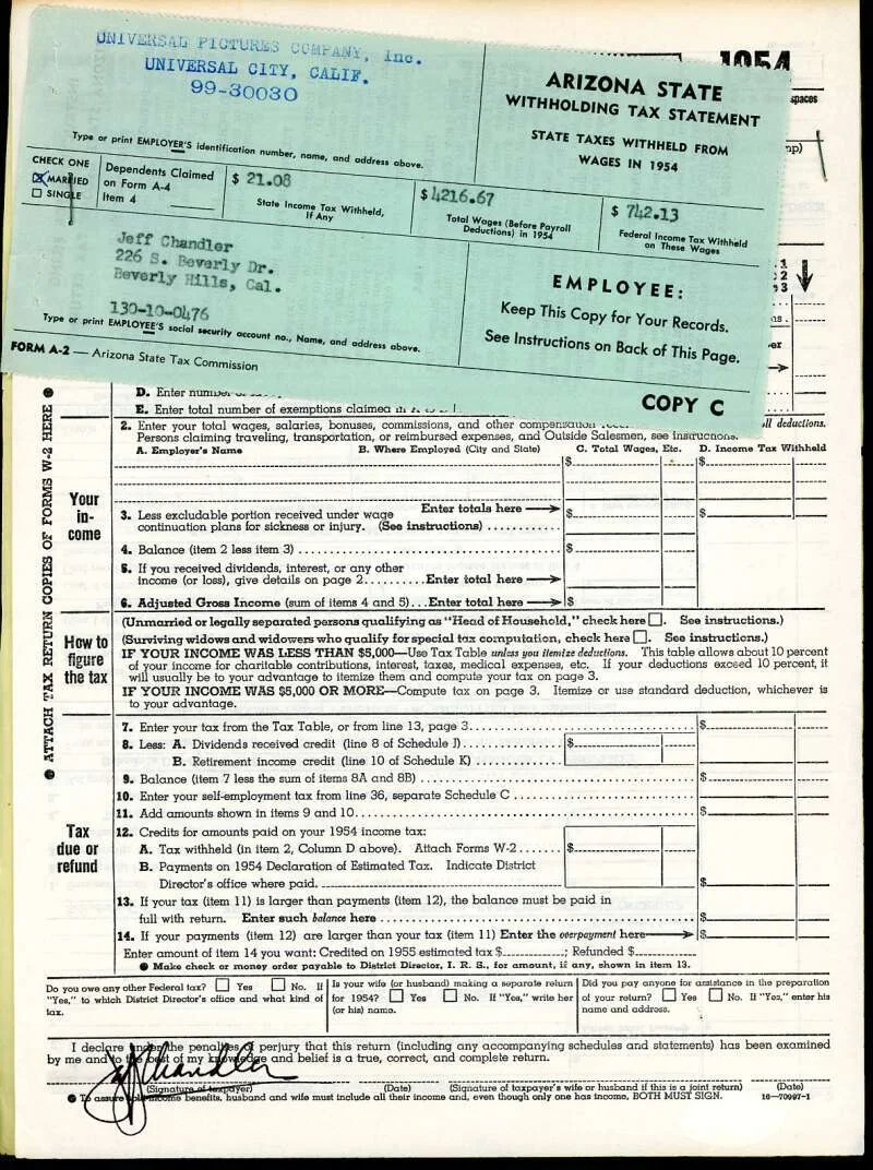 Jeff Chandler — Jeff Chandler JSA Coa Signed 1954 1040 Tax Form Autograph