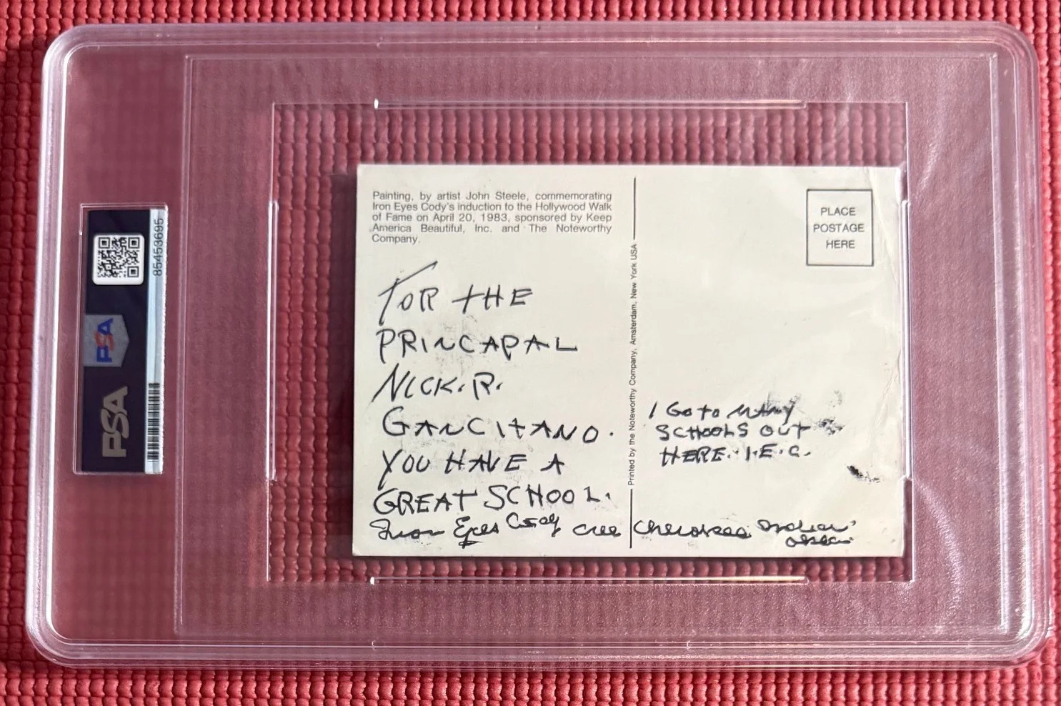 Iron Eyes Cody — PSA/DNA slabbed signed IRON EYES CODY autographed 4"x 6" POSTCARD, image 3