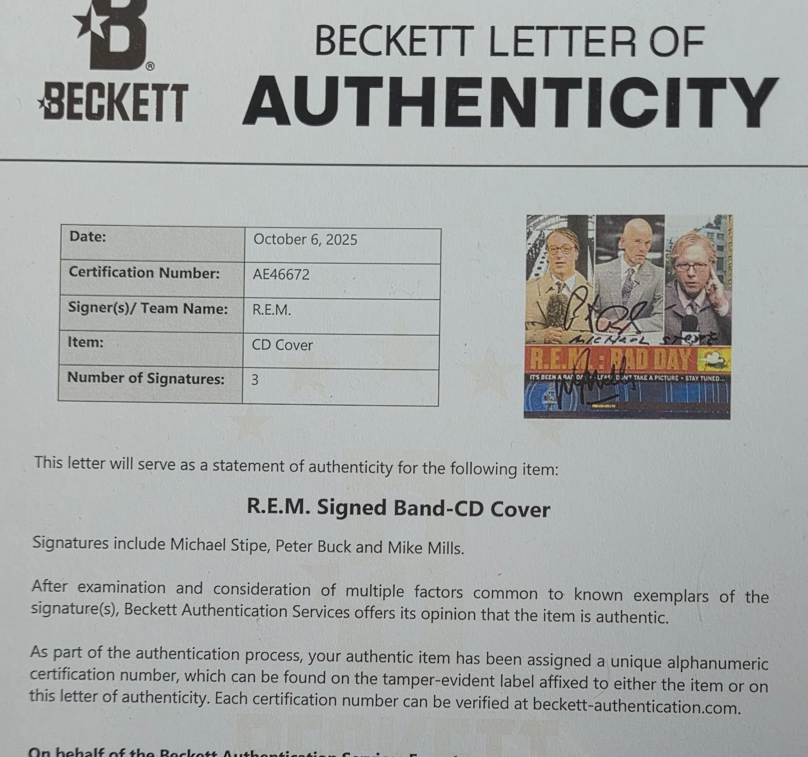 R.E.M. AUTOGRAPHED BECKETT LOA BAS CD MUSIC DISPLAY SIGNED BAND MICHAEL STIPE, image 5