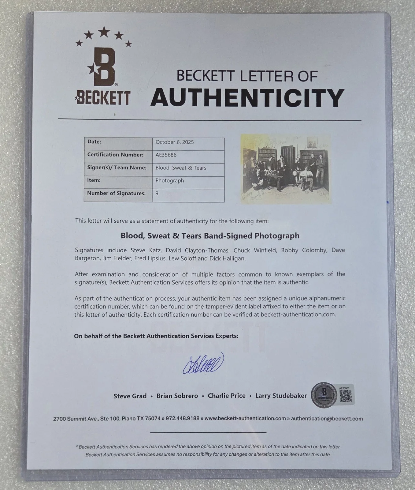 BLOOD, SWEAT & TEARS AUTOGRAPHED BECKETT BAS LOA SIGNED LETTER FULL BAND RARE!!!, изображение 5