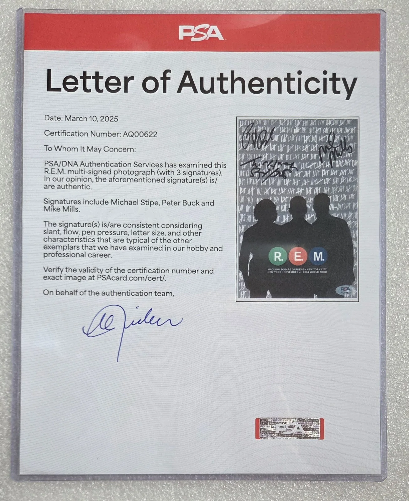 R.E.M. SIGNED PSA/DNA LOA AUTOGRAPHED 6X9 COA MIKE MILLS STIPE PETER BUCK LETTER, изображение 3