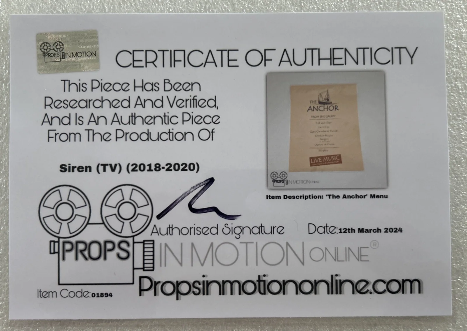 Siren (2018) TV Series - 'The Anchor' Bar Menu Screen Used Prop - With COA, изображение 4