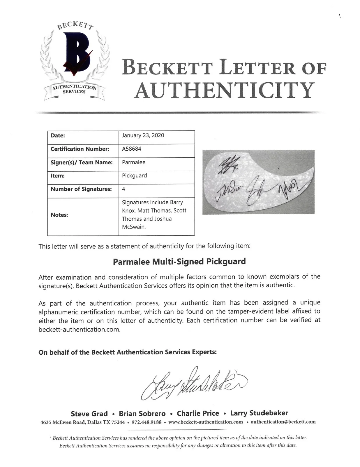 Parmalee - Barry Knox, Matt Thomas, Scott Thomas, Joshua McSwain — Parmalee Signed Pearl Guitar Pickguard Beckett Full LOA COA Country Music 4 Sig, изображение 2