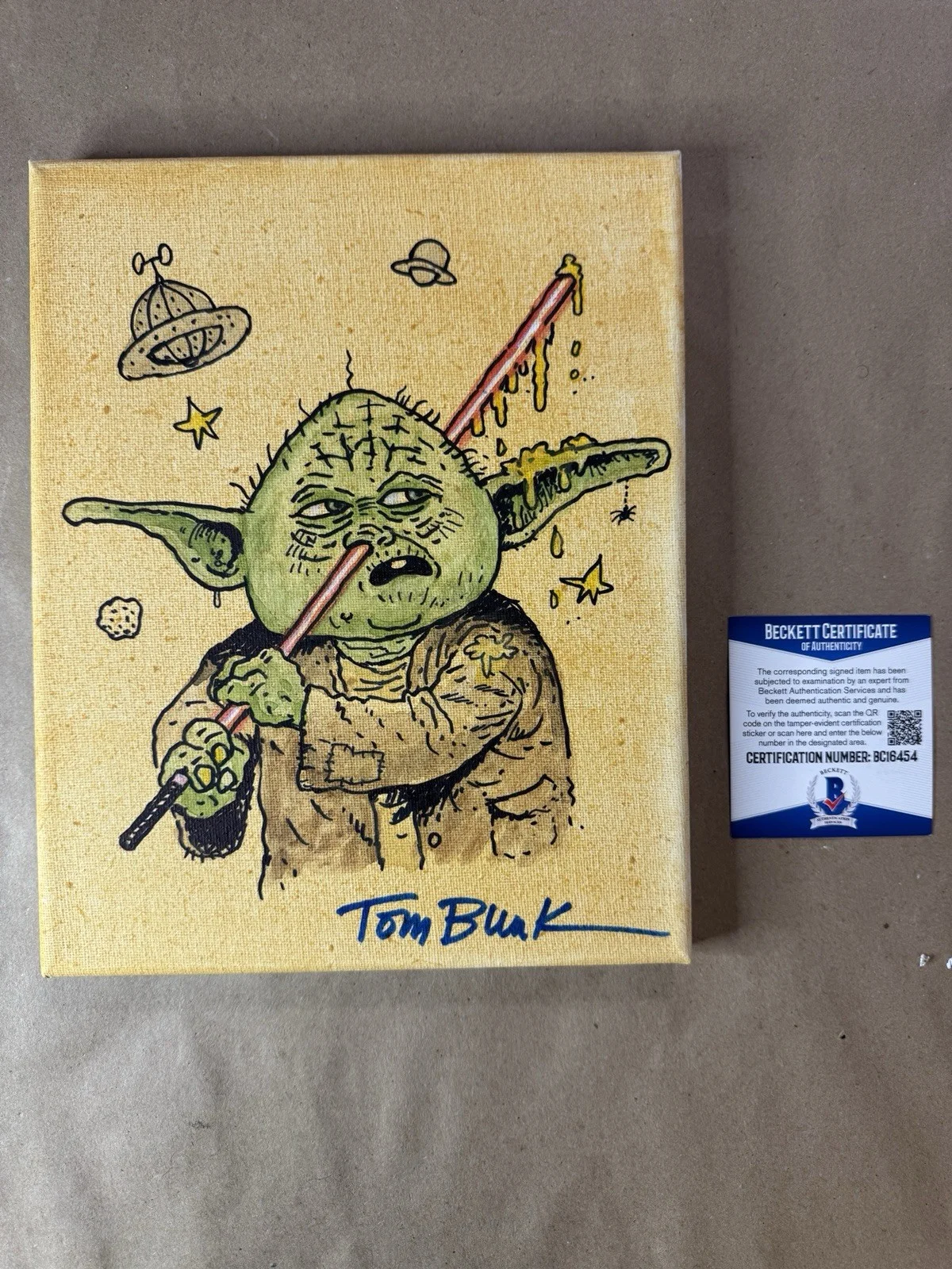 Tom Bunk — Tom Bunk Sketched Garbage Pail Kids 8"x10" Canvas Star Wars Yoda Beckett BAS COA