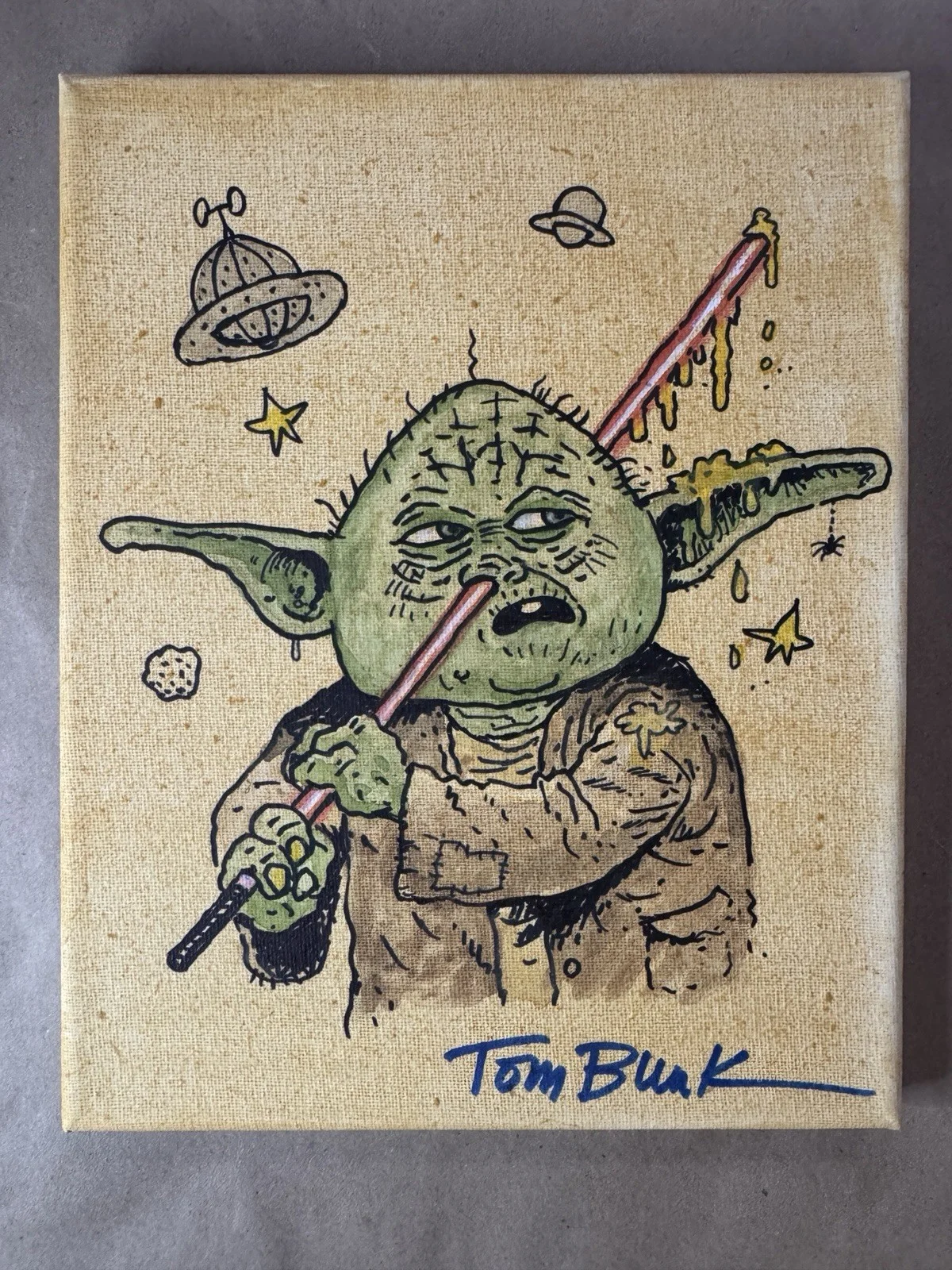 Tom Bunk — Tom Bunk Sketched Garbage Pail Kids 8"x10" Canvas Star Wars Yoda Beckett BAS COA, image 2