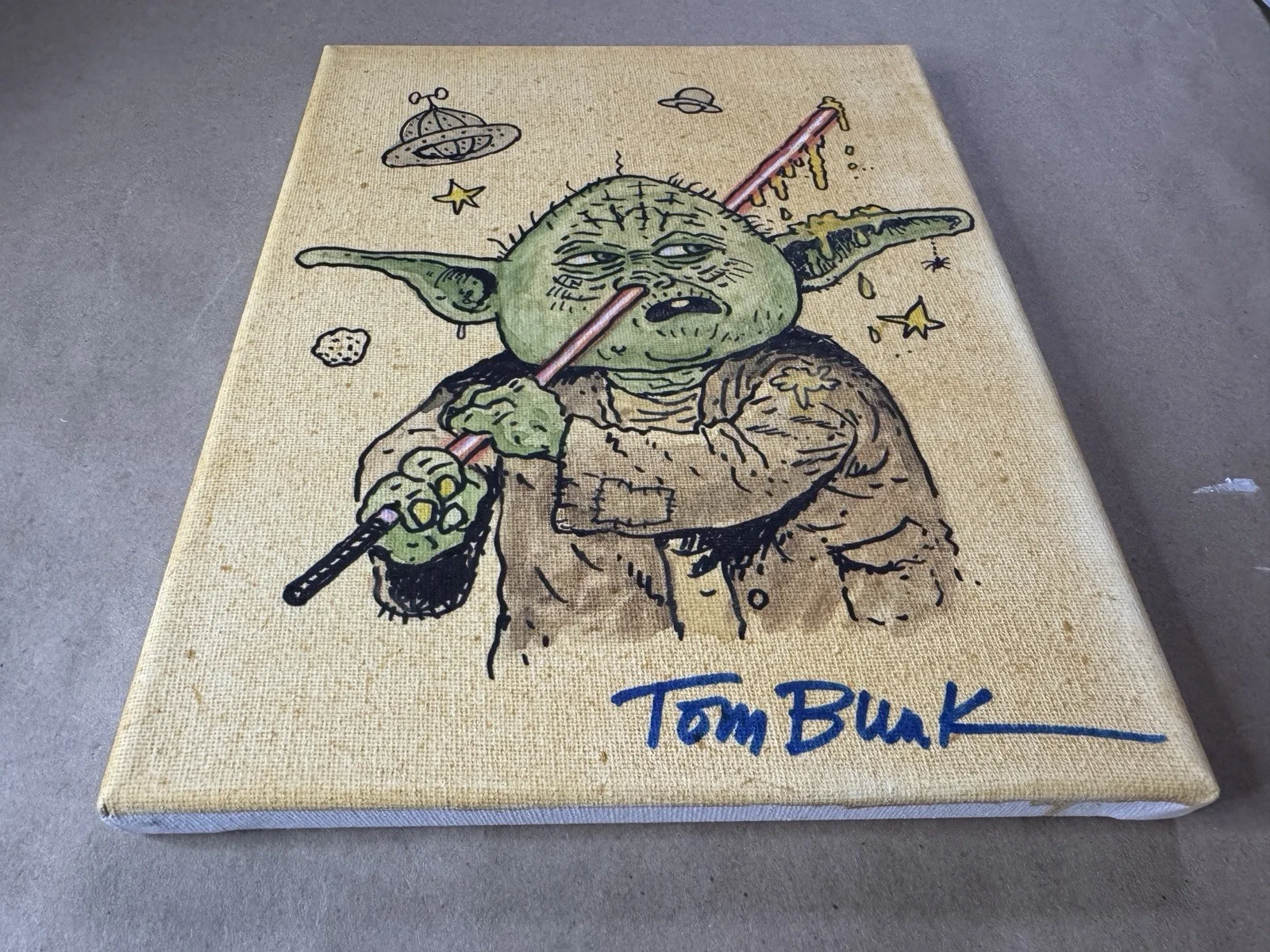 Tom Bunk — Tom Bunk Sketched Garbage Pail Kids 8"x10" Canvas Star Wars Yoda Beckett BAS COA, image 3