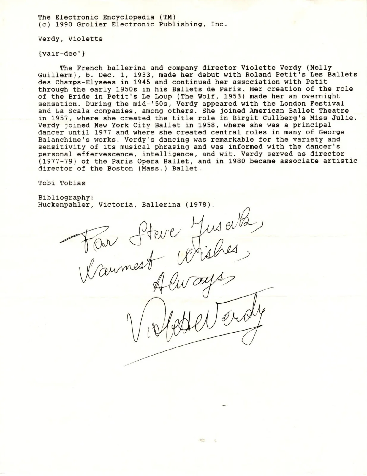 French Ballerina VIOLETTE VERDY Autograph Signed Typed Biographical Entry w/ COA, image 2