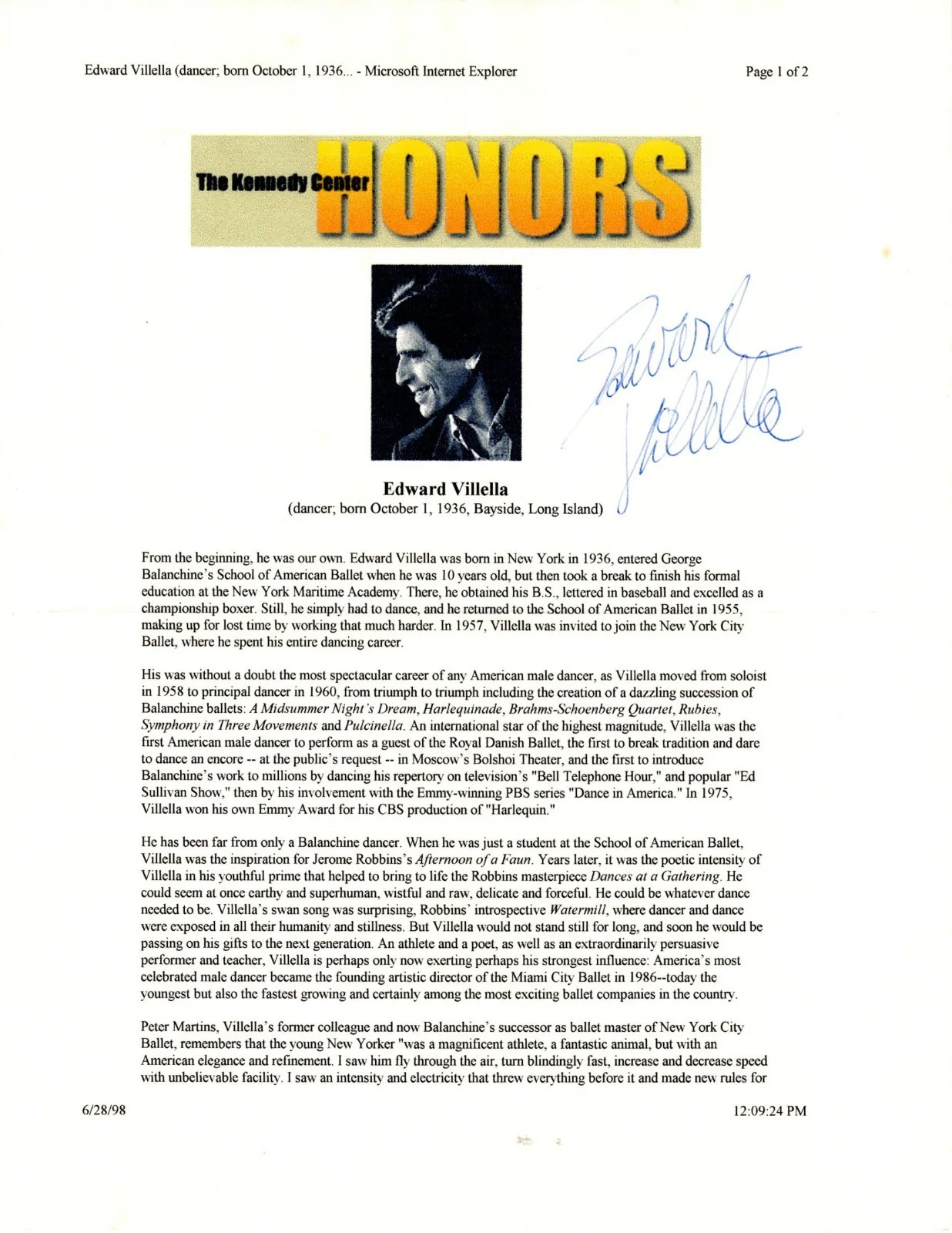 RARE Dancer EDWARD VILLELLA Autograph Signed Typed Kennedy Ctr Bio Entry w/ COA, изображение 2