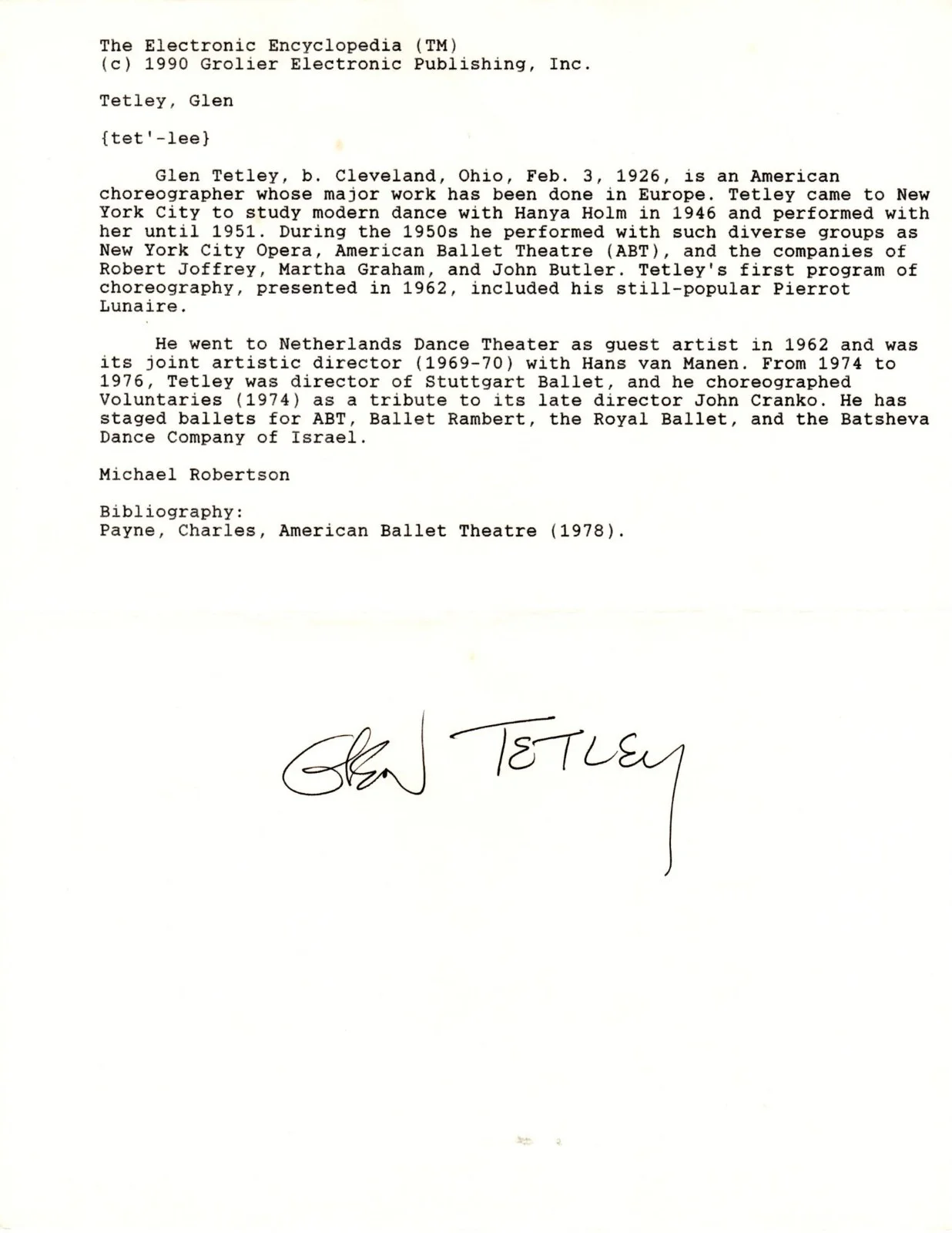 Choreographer GLEN TETLEY Autograph Signed Typed Biographical Entry With COA, image 2