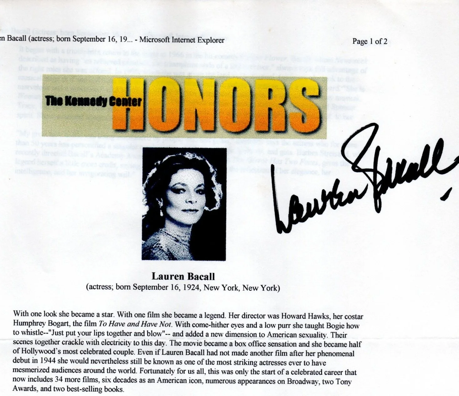 Lauren Bacall — LAUREN BACALL Autograph 1998 Signed Typed Kennedy Ctr Biographical Entry w/ COA
