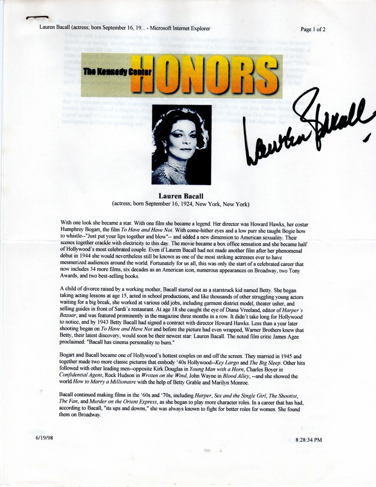 Lauren Bacall — LAUREN BACALL Autograph 1998 Signed Typed Kennedy Ctr Biographical Entry w/ COA, изображение 2