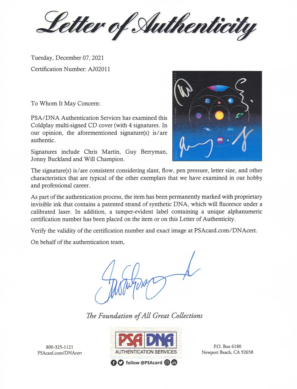 Coldplay Entire Band Signed Autograph Music Of The Spheres CD Framed PSA/DNA COA, изображение 5
