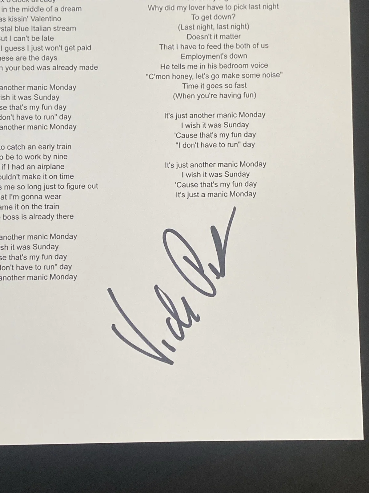 Vicki Peterson — Vicki Peterson 'The Bangles' Autographed Lyric Sheet 'Manic Monday’, image 2