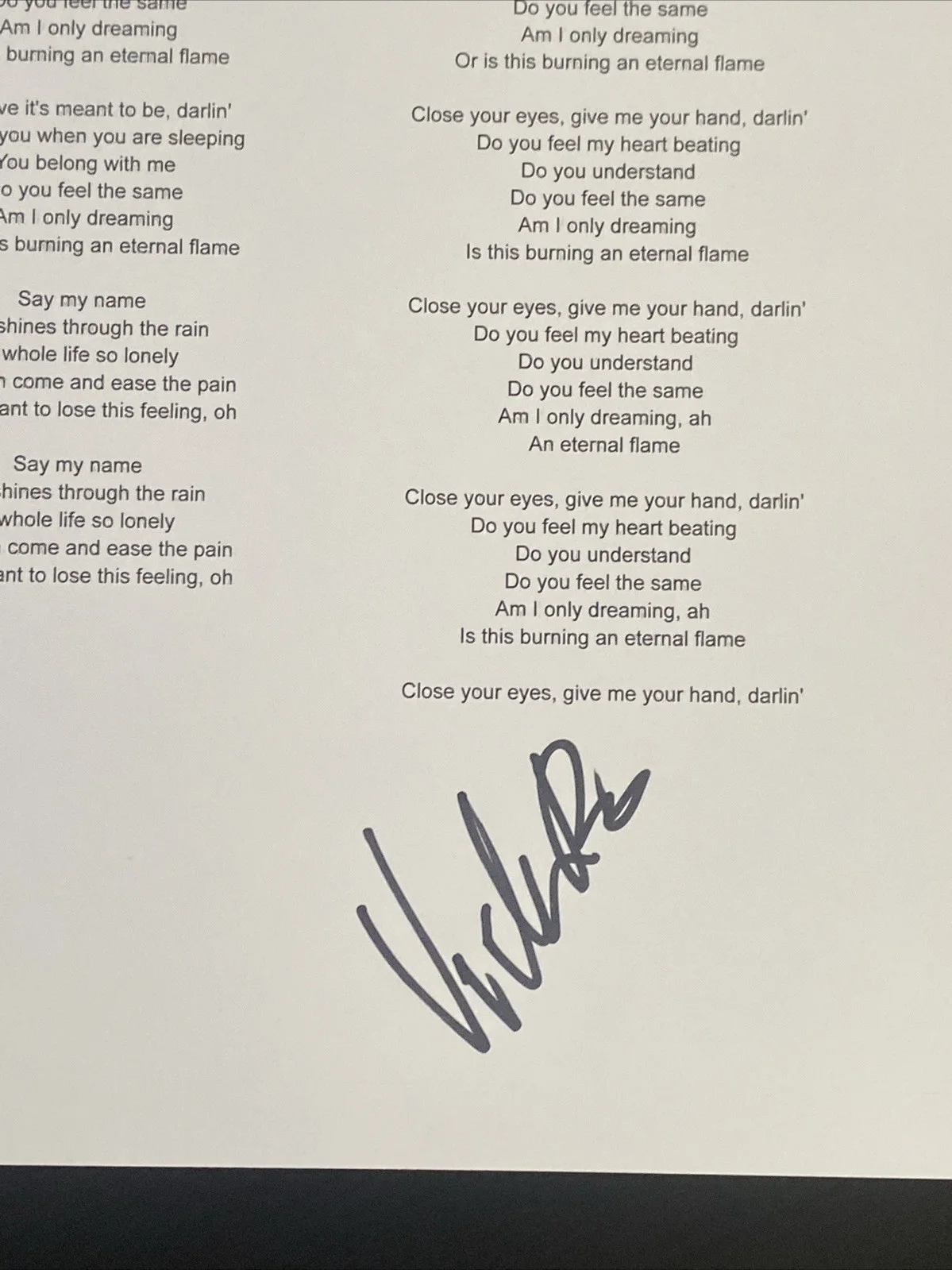 Vicki Peterson — Vicki Peterson 'The Bangles' Autographed Lyric Sheet 'Eternal Flame’, image 2