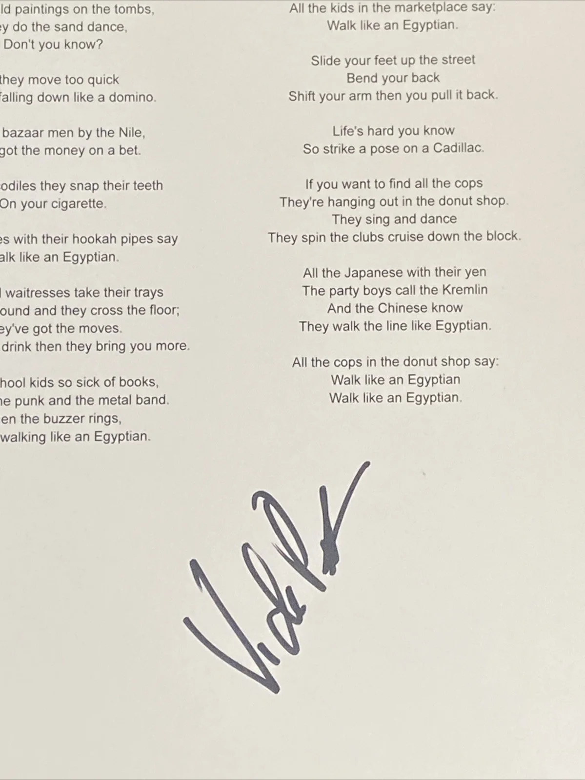 Vicki Peterson — Vicki Peterson 'The Bangles' Autographed Lyric Sheet 'Walk Like An Egyptian', изображение 2