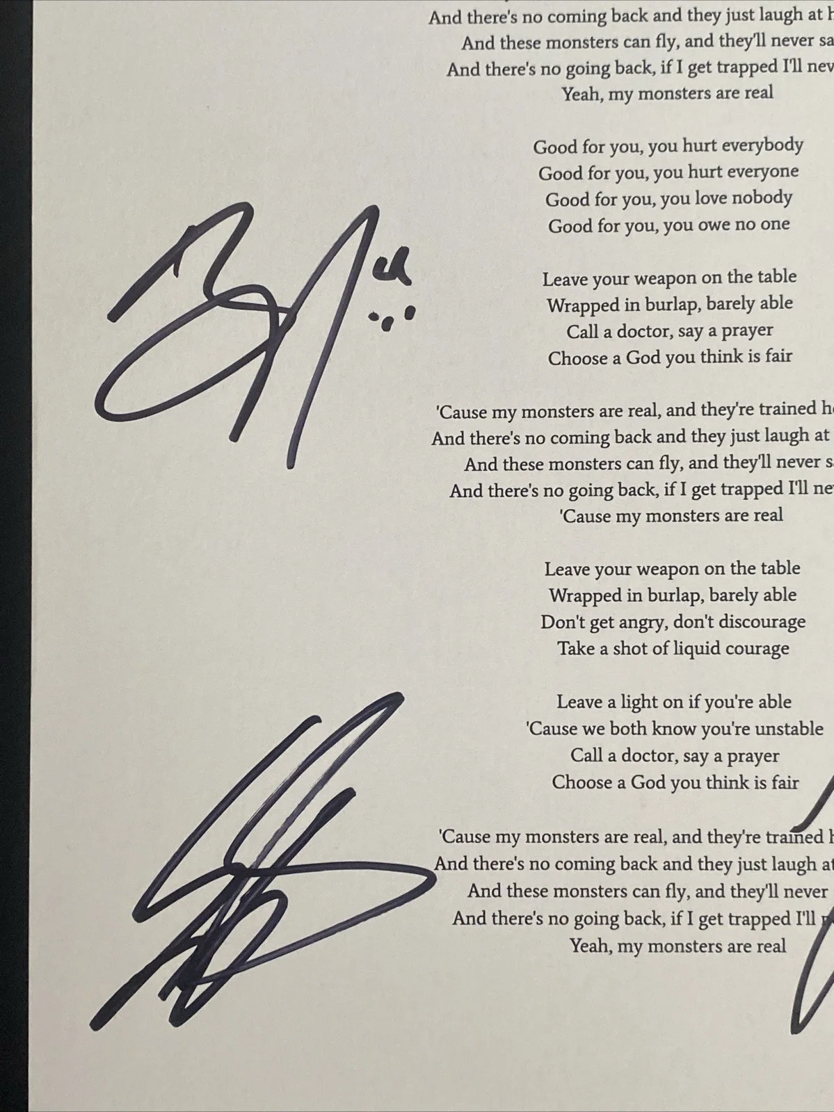 Shinedown Autographed Lyric Sheet ‘Monsters' Full Band Brent Smith +3, изображение 2