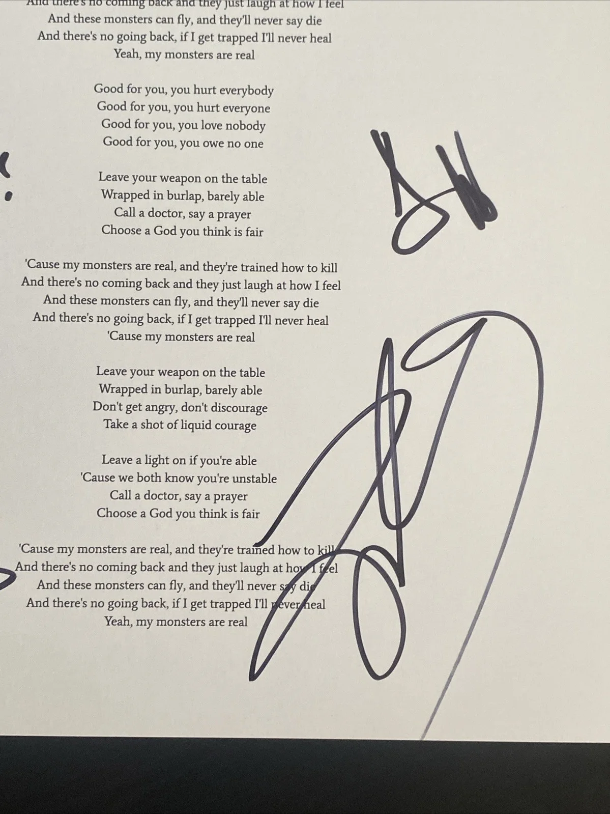 Shinedown Autographed Lyric Sheet ‘Monsters' Full Band Brent Smith +3, изображение 3