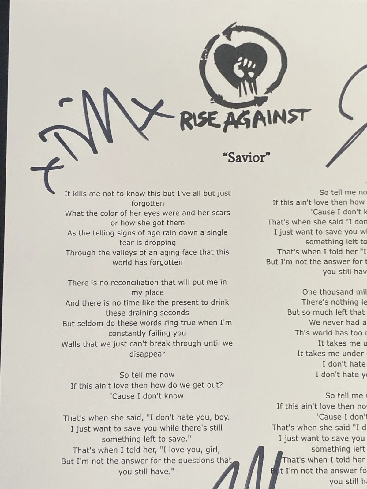 Rise Against Band Autographed Lyric Sheet ‘Savior’ Tim Mcilrath +3, изображение 2