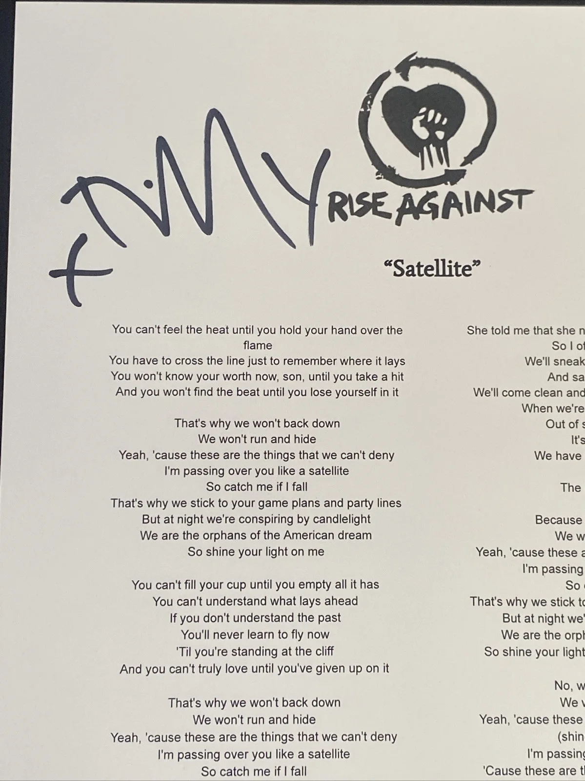 Rise Against Band Autographed Lyric Sheet ‘Satellite’ Tim Mcilrath +3, image 2