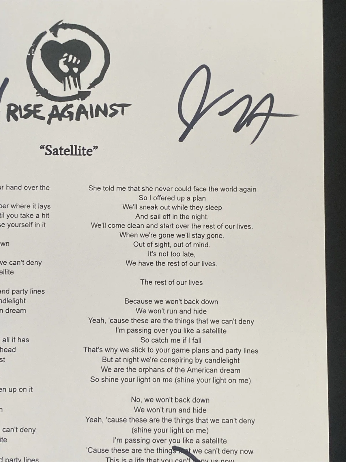 Rise Against Band Autographed Lyric Sheet ‘Satellite’ Tim Mcilrath +3, image 3