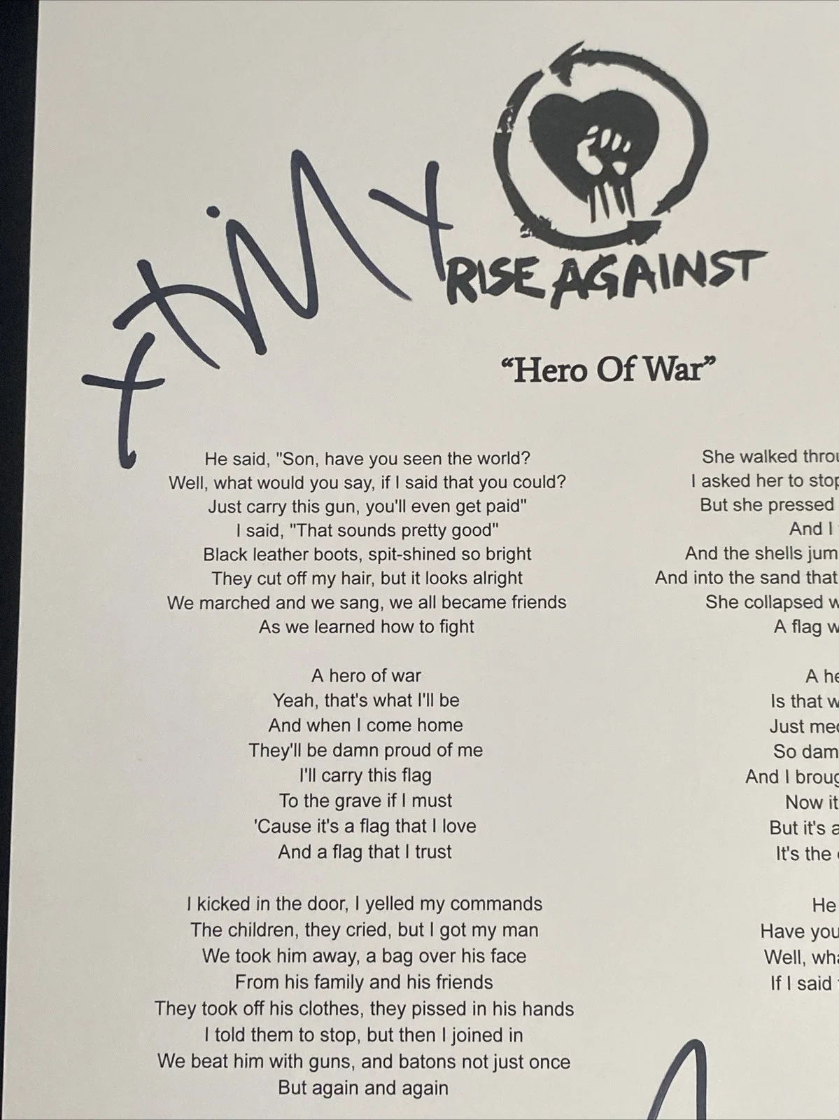 Rise Against Band Autographed Lyric Sheet ‘Hero Of War’ Tim Mcilrath +3, изображение 2
