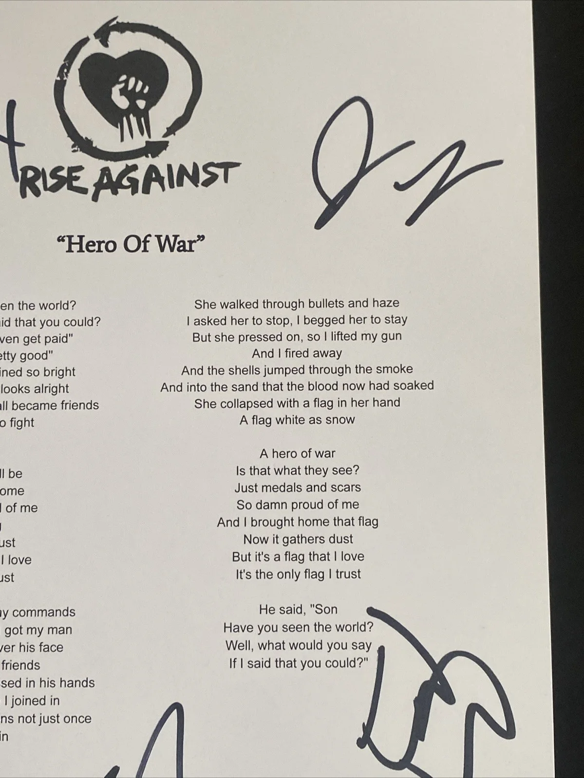 Rise Against Band Autographed Lyric Sheet ‘Hero Of War’ Tim Mcilrath +3, изображение 3